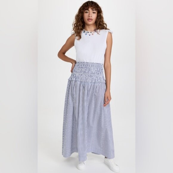 Apiece Apart Ora Smocked Maxi Skirt In Blue And White Stripe Size Small - Picture 1 of 9